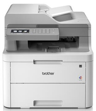 Farblaser-Drucker MFC L3350CDW in frontalansicht mit Bedienelementen und Papierfach.